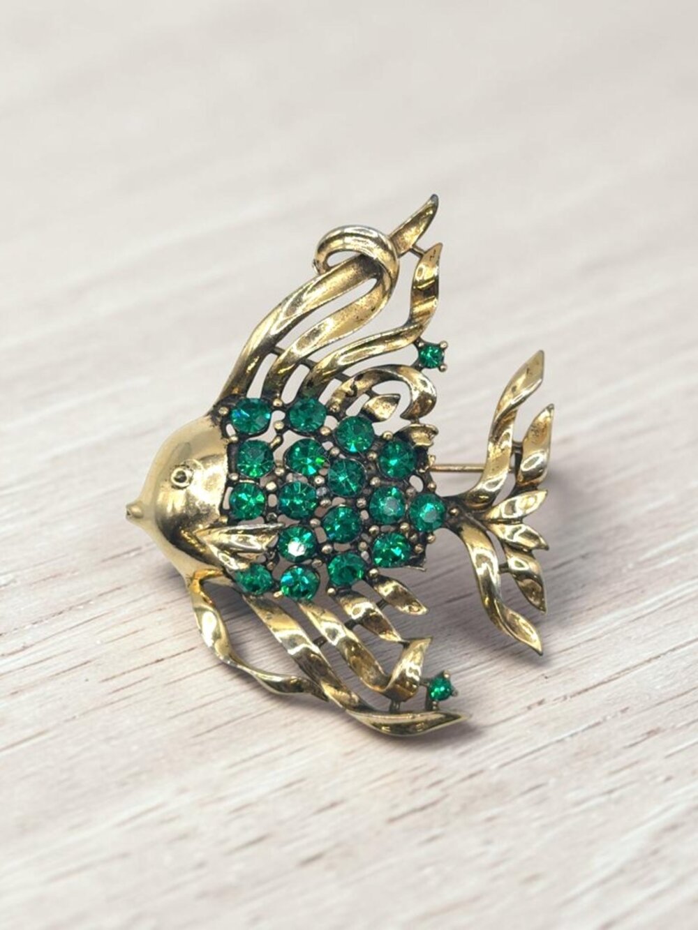 Gold-Tone and Green Rhinestone Fish Brooch